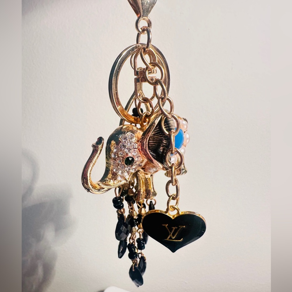 LV Heart charm(stamped) & golden elephant lux bag charm/keychain. Custom made.